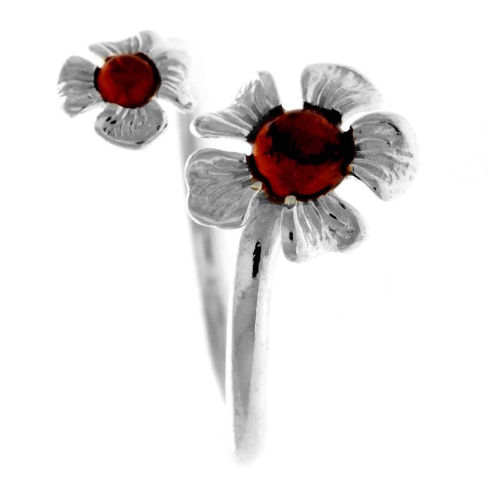 925 Sterling Silver & Genuine Baltic Amber Flowers Adjustable Ring - GL748
