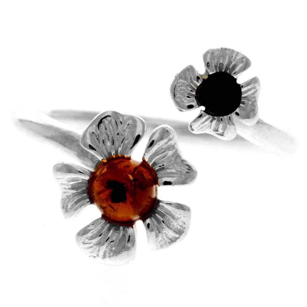925 Sterling Silver & Genuine Baltic Amber Flowers Adjustable Ring - GL748