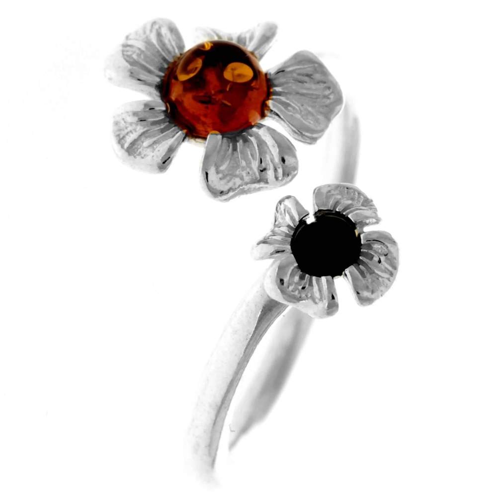 925 Sterling Silver & Genuine Baltic Amber Flowers Adjustable Ring - GL748