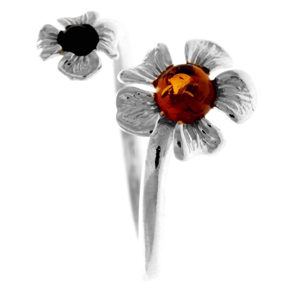 925 Sterling Silver & Genuine Baltic Amber Flowers Adjustable Ring - GL748
