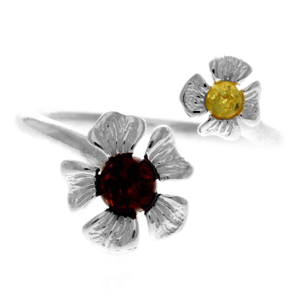 925 Sterling Silver & Genuine Baltic Amber Flowers Adjustable Ring - GL748