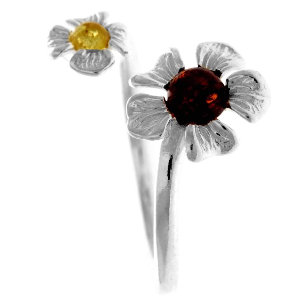 925 Sterling Silver & Genuine Baltic Amber Flowers Adjustable Ring - GL748