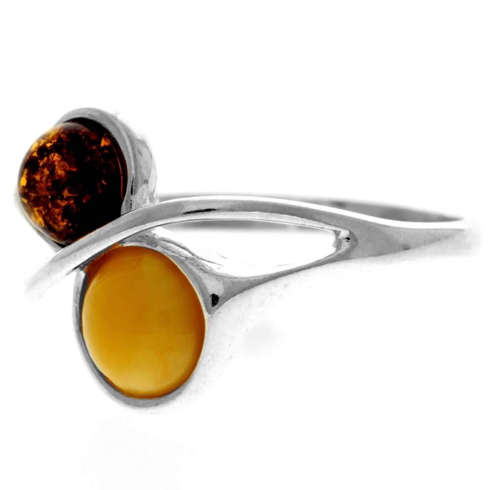 925 Sterling Silver & Genuine Baltic Amber 2 Stones Classic Ring - GL749