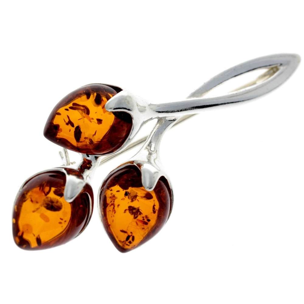 925 Sterling Silver & Baltic Amber 3 Stone Modern Brooch - GL803