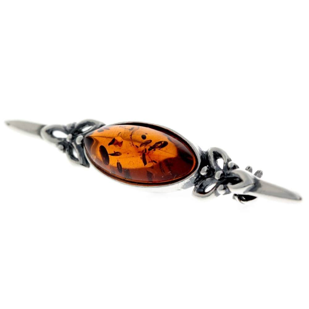 925 Sterling Silver & Genuine Baltic Amber Classic Celtic Brooch - GL804
