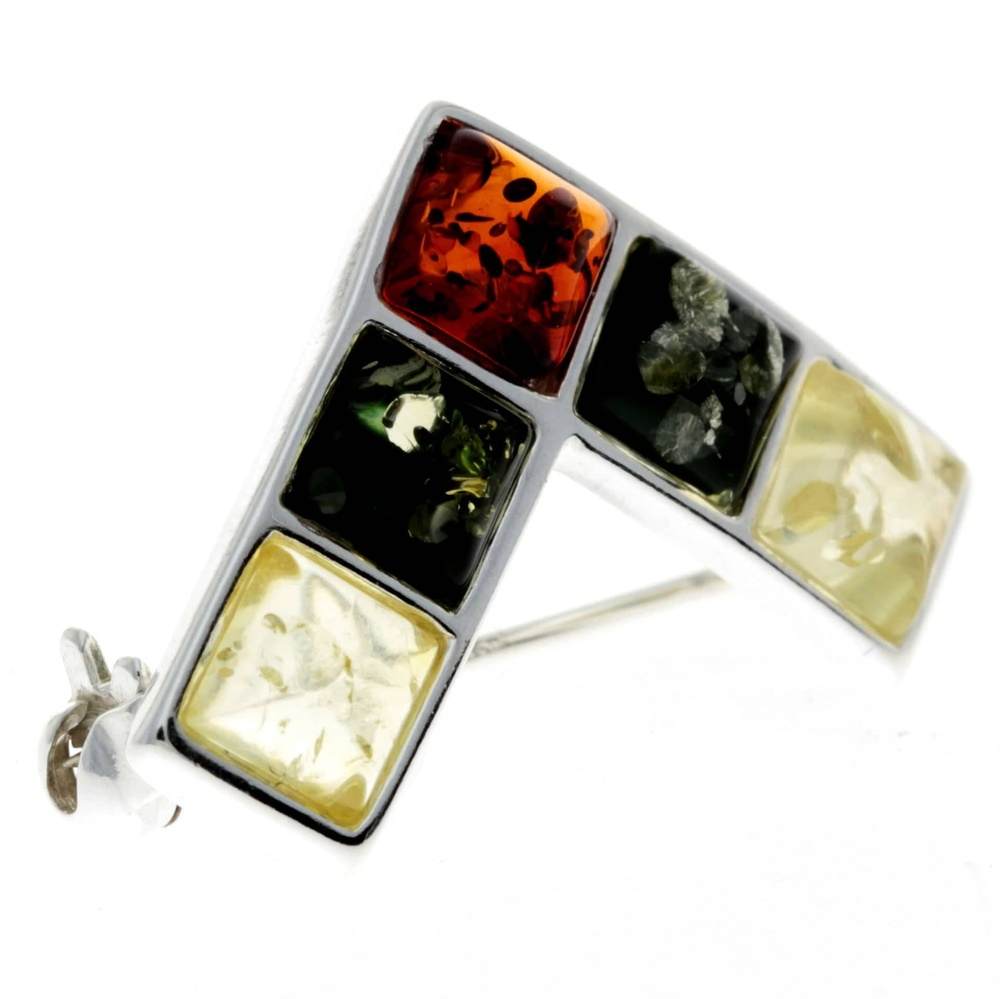 925 Sterling Silver & Genuine Baltic Amber Triangle Modern Brooch - GL811