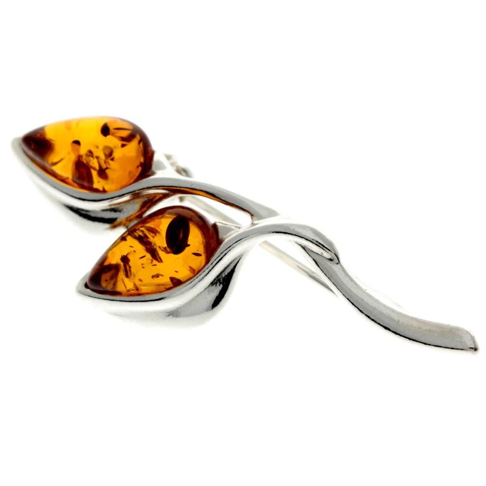 925 Sterling Silver & Genuine Baltic Amber 2 Teardrop Stones Classic Brooch - GL821