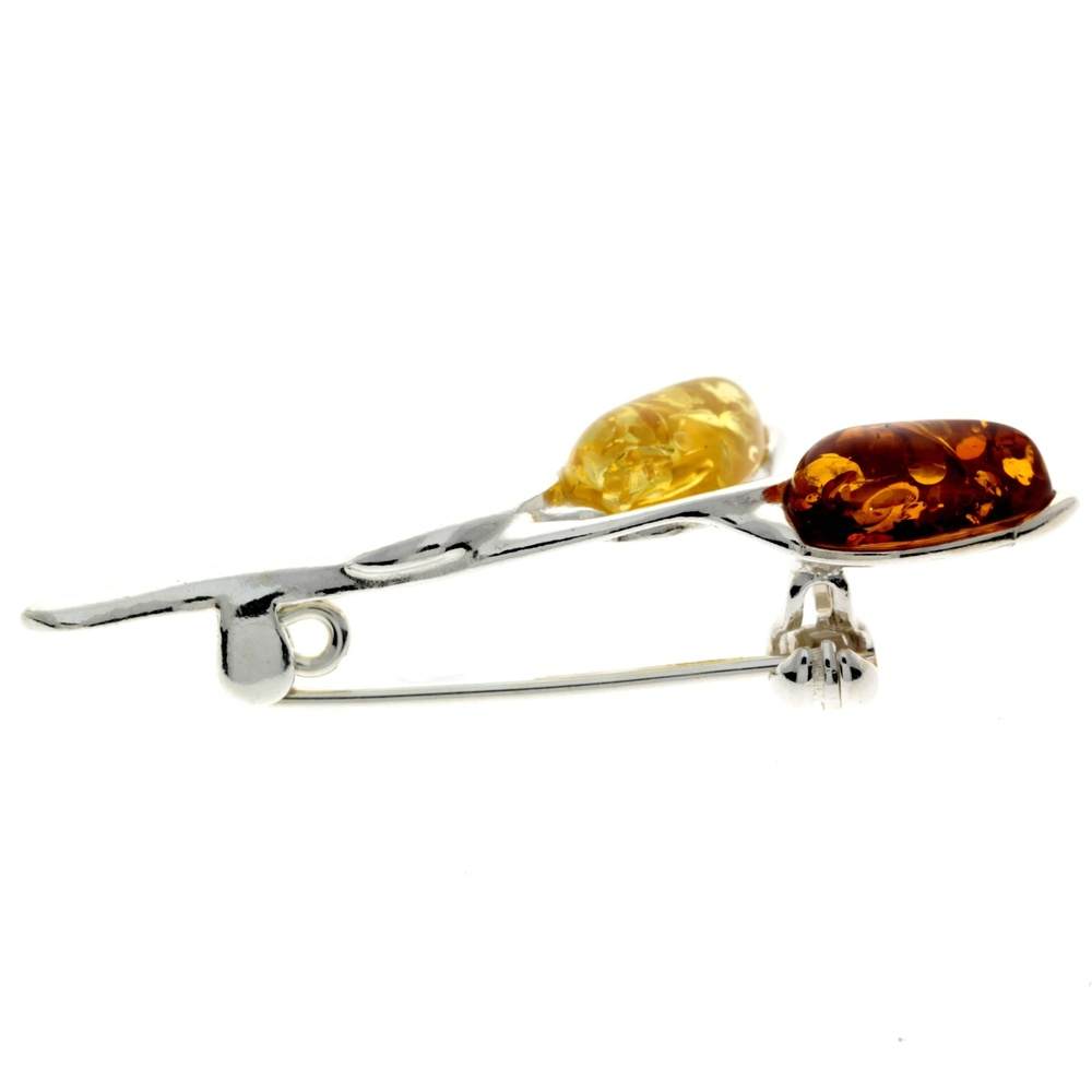 925 Sterling Silver & Genuine Baltic Amber 2 Teardrop Stones Classic Brooch - GL821