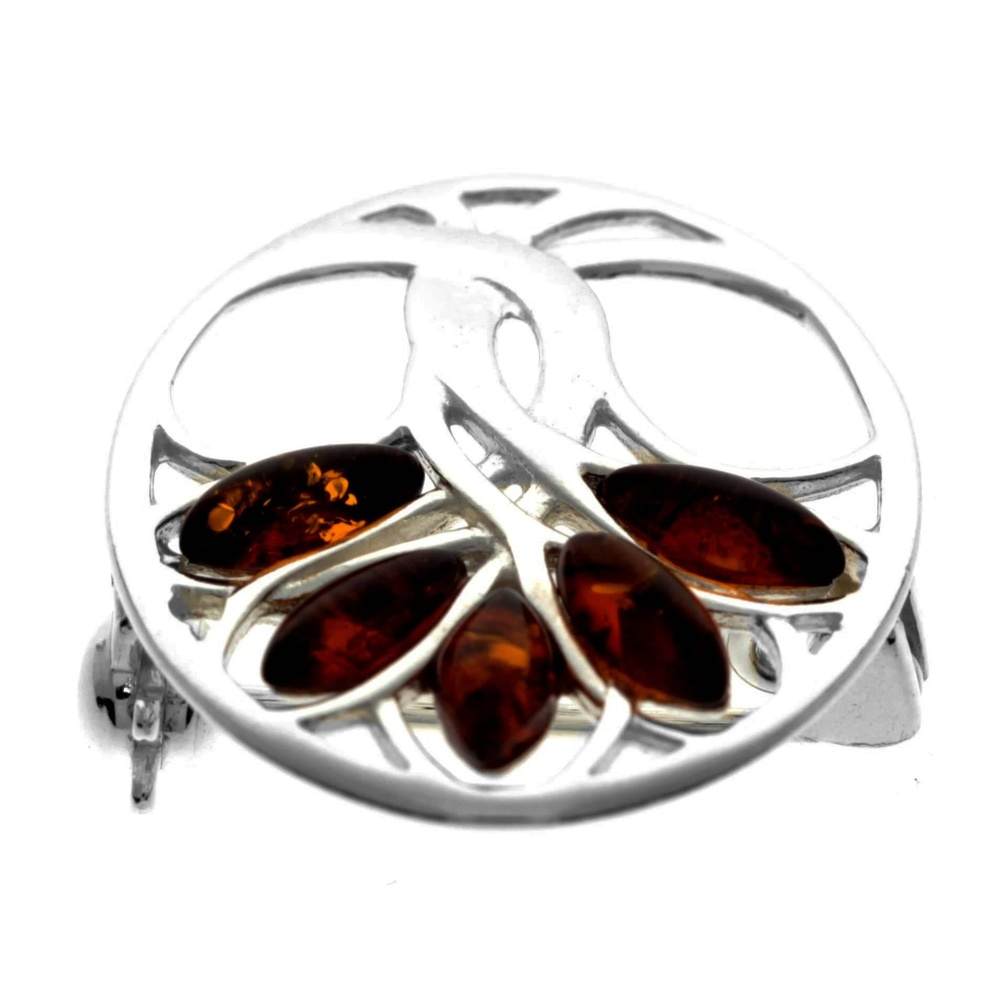 925 Sterling Silver & Genuine Baltic Amber Tree of Life Brooch - GL824