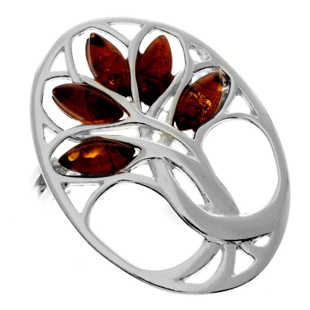 925 Sterling Silver & Genuine Baltic Amber Tree of Life Brooch - GL824