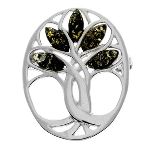 925 Sterling Silver & Genuine Baltic Amber Tree of Life Brooch - GL824