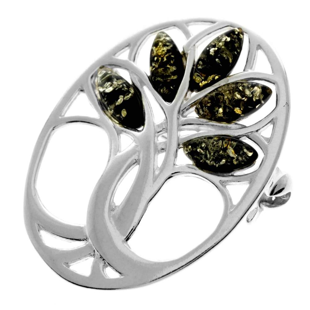 925 Sterling Silver & Genuine Baltic Amber Tree of Life Brooch - GL824