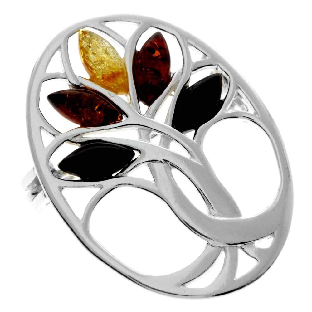 925 Sterling Silver & Genuine Baltic Amber Tree of Life Brooch - GL824