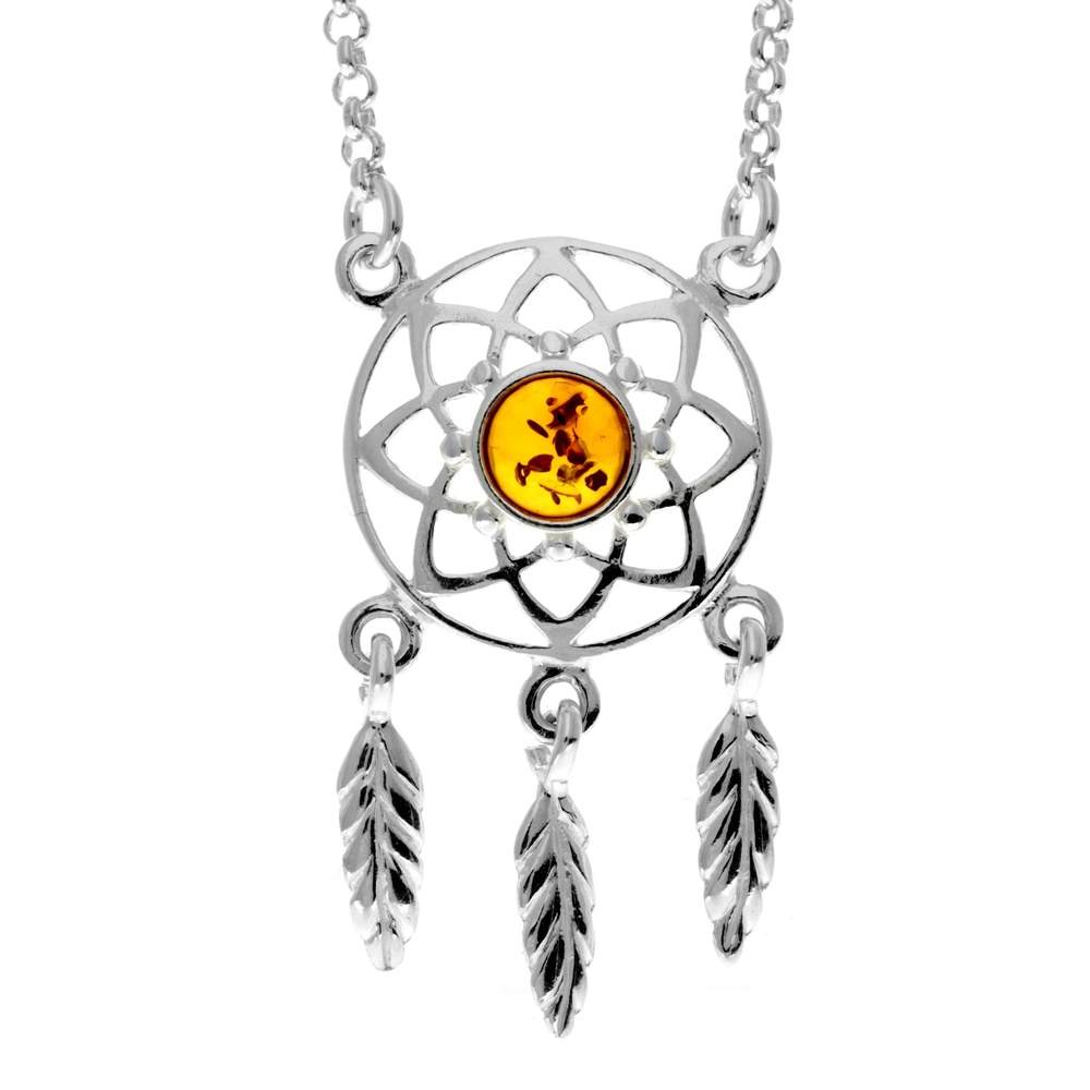 925 Sterling Silver & Genuine Baltic Amber Celtic Modern Necklace - GL924