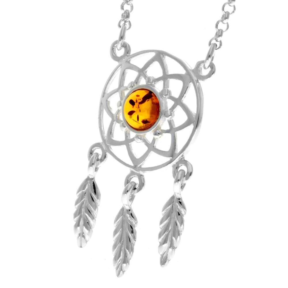 925 Sterling Silver & Genuine Baltic Amber Celtic Modern Necklace - GL924