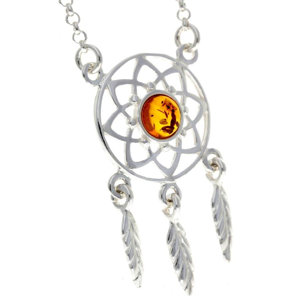 925 Sterling Silver & Genuine Baltic Amber Celtic Modern Necklace - GL924