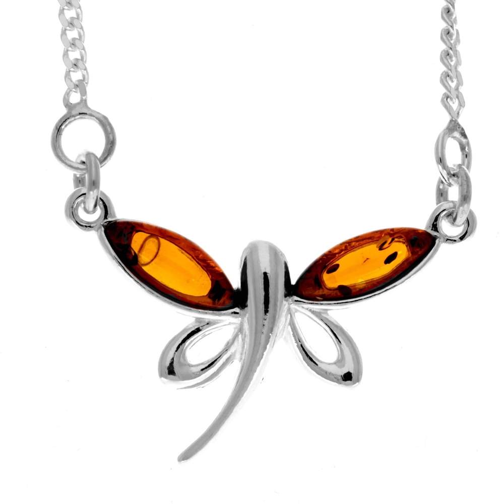 925 Sterling Silver & Genuine Baltic Amber Butterfly Modern Necklace - GL925