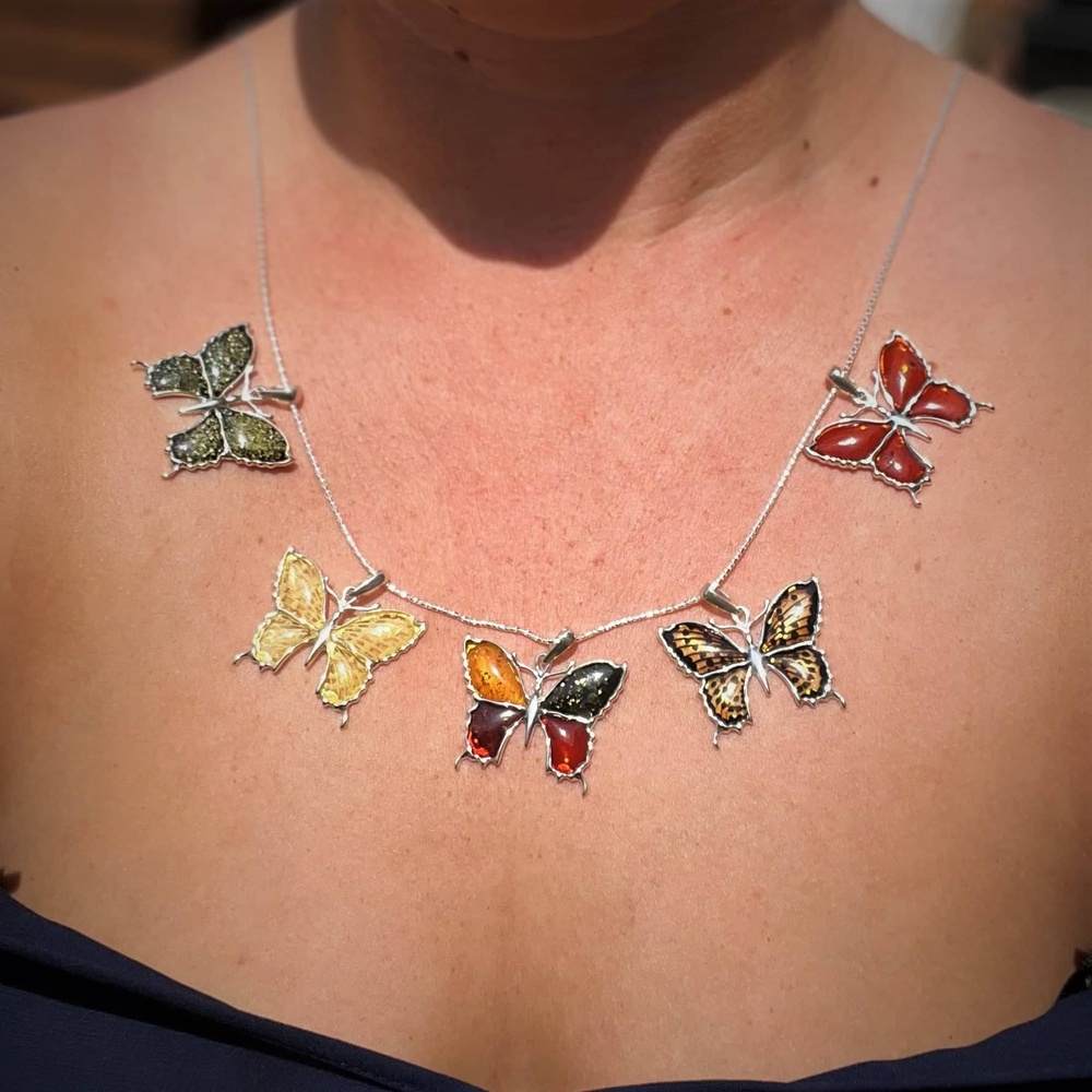 925 Sterling Silver & Baltic Amber Modern Butterfly Pendant - AD222