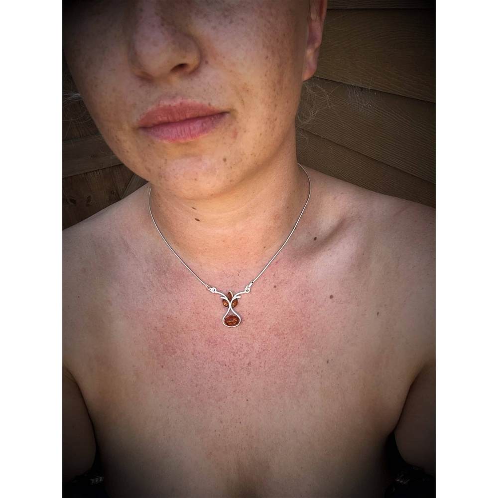 925 Sterling Silver & Genuine Baltic Amber Multi Stones Modern Necklace - M913