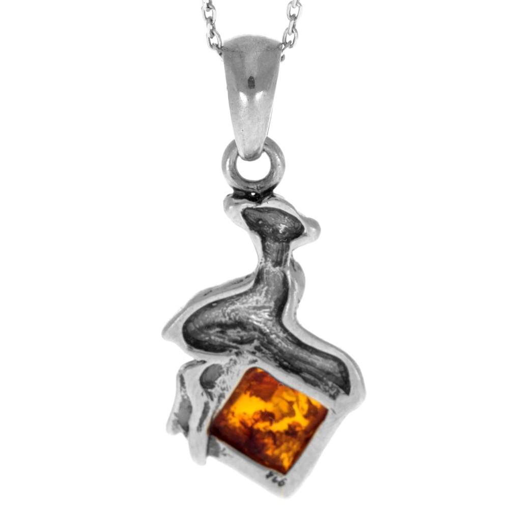 925 Sterling Silver & Genuine Baltic Amber Classic Fawn Pendant - K218