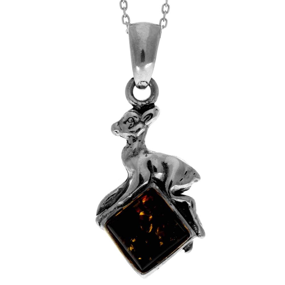 925 Sterling Silver & Genuine Baltic Amber Classic Fawn Pendant - K218