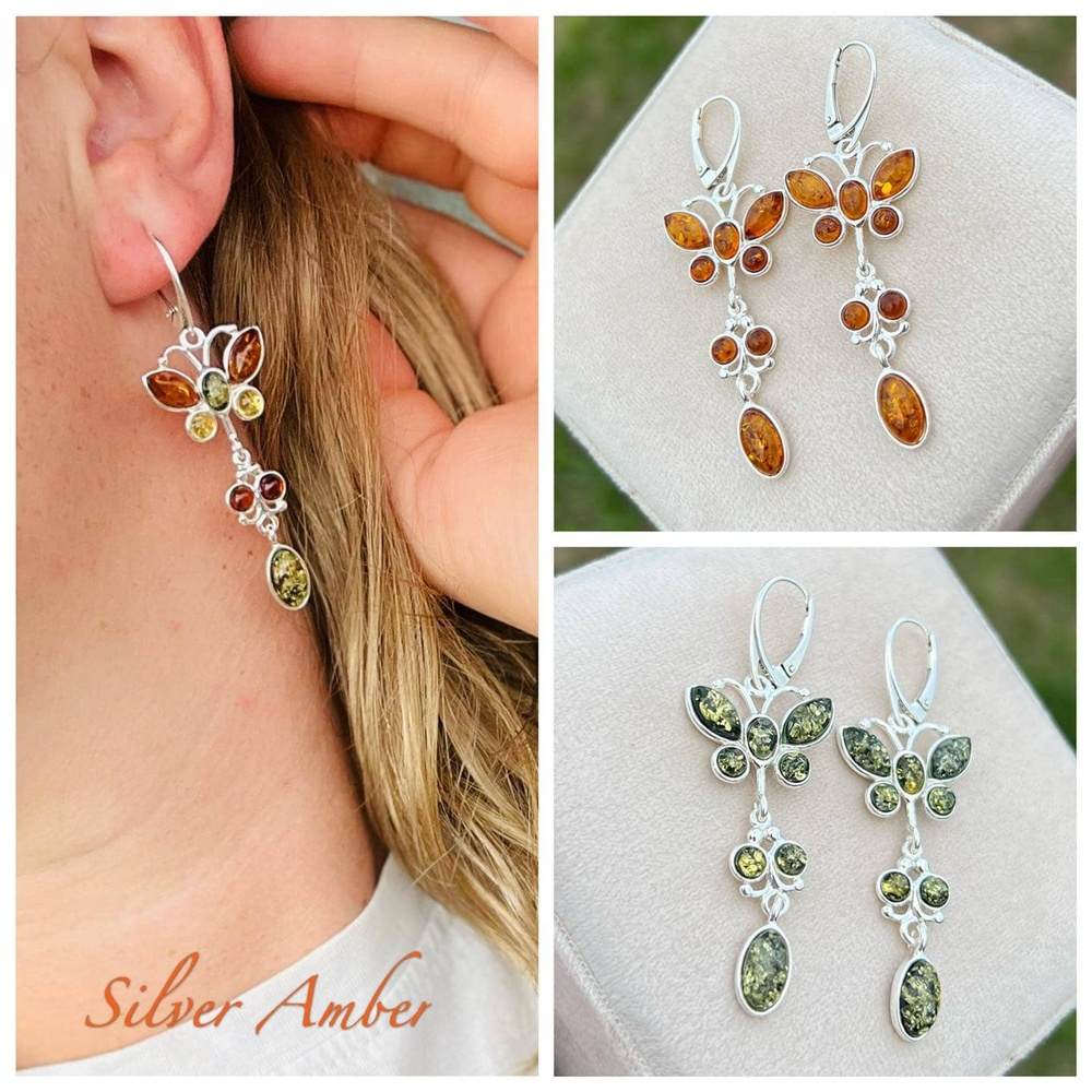 925 Sterling Silver & Genuine Baltic Amber Butterfly Earrings - M063