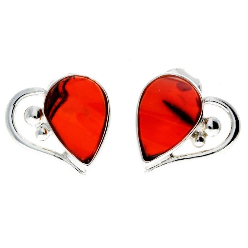 925 Sterling Silver & Baltic Amber Heart Studs Earrings - M194