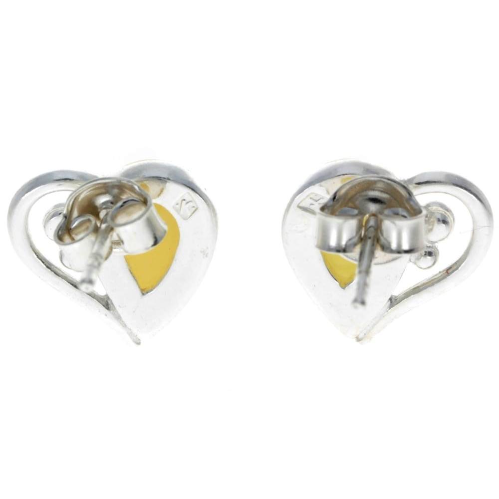 925 Sterling Silver & Baltic Amber Heart Studs Earrings - M194