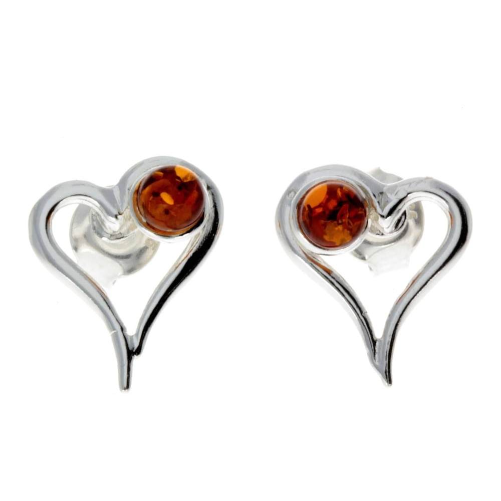 925 Sterling Silver & Genuine Baltic Amber Heart Studs Earrings - M196