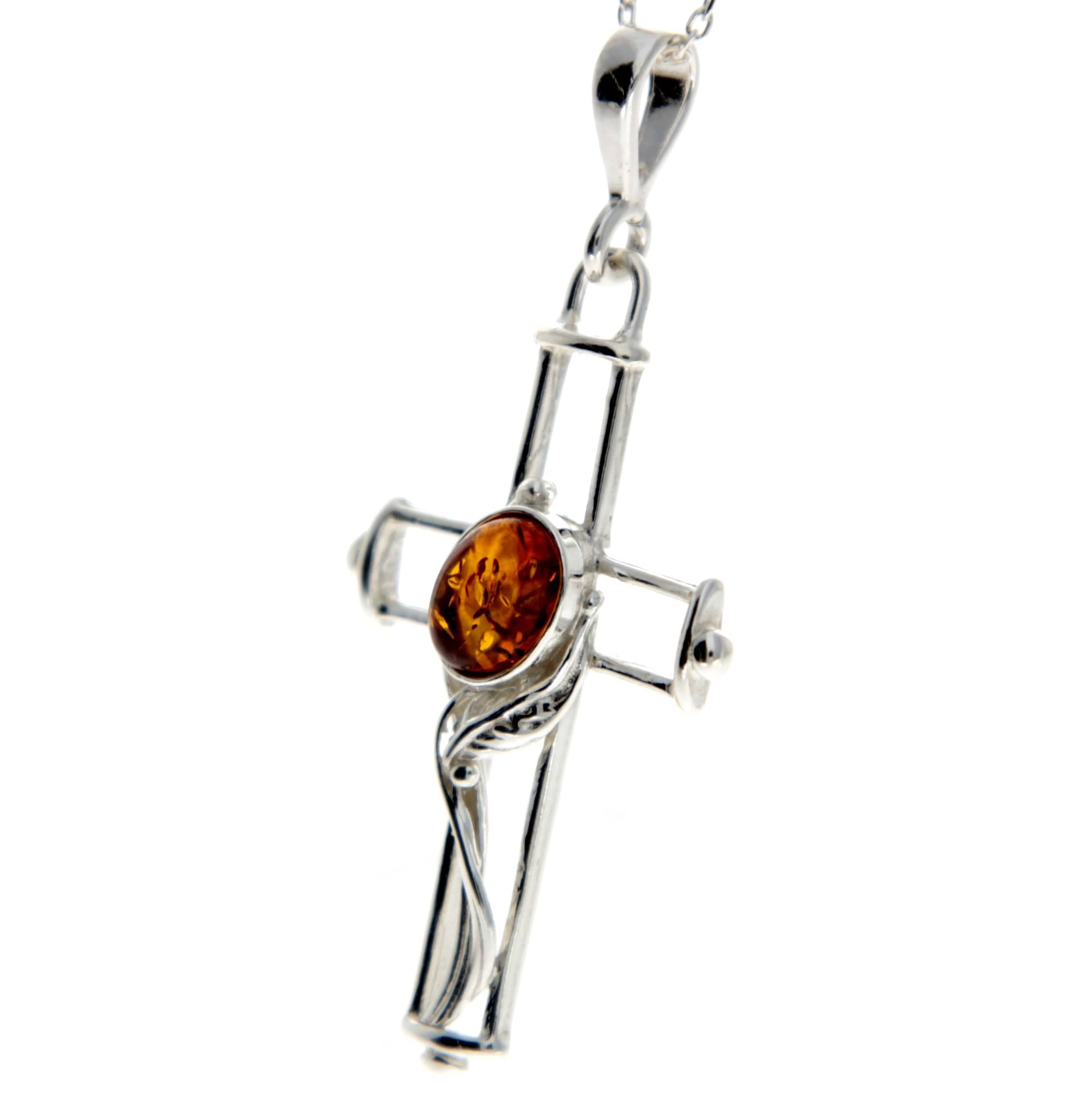 925 Sterling Silver & Genuine Baltic Amber Cross Pendant - M330