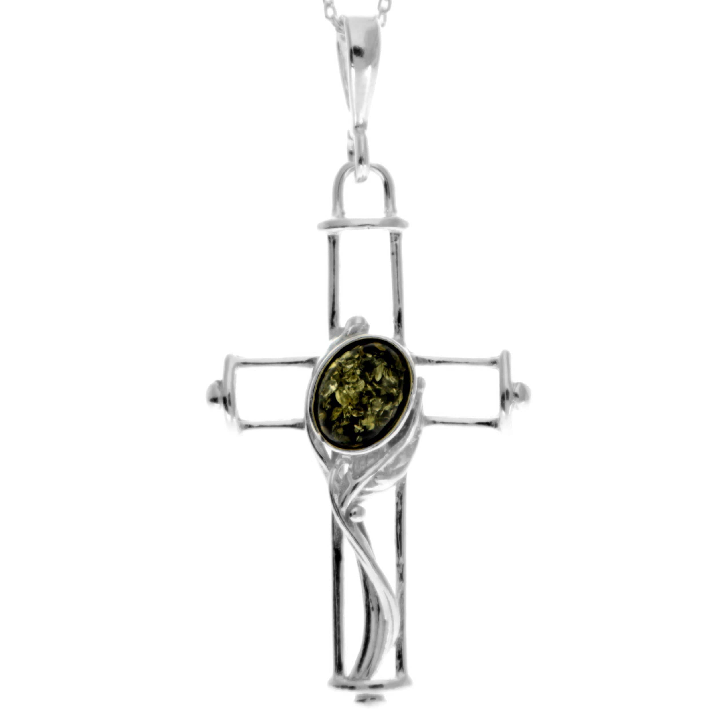 925 Sterling Silver & Genuine Baltic Amber Cross Pendant - M330