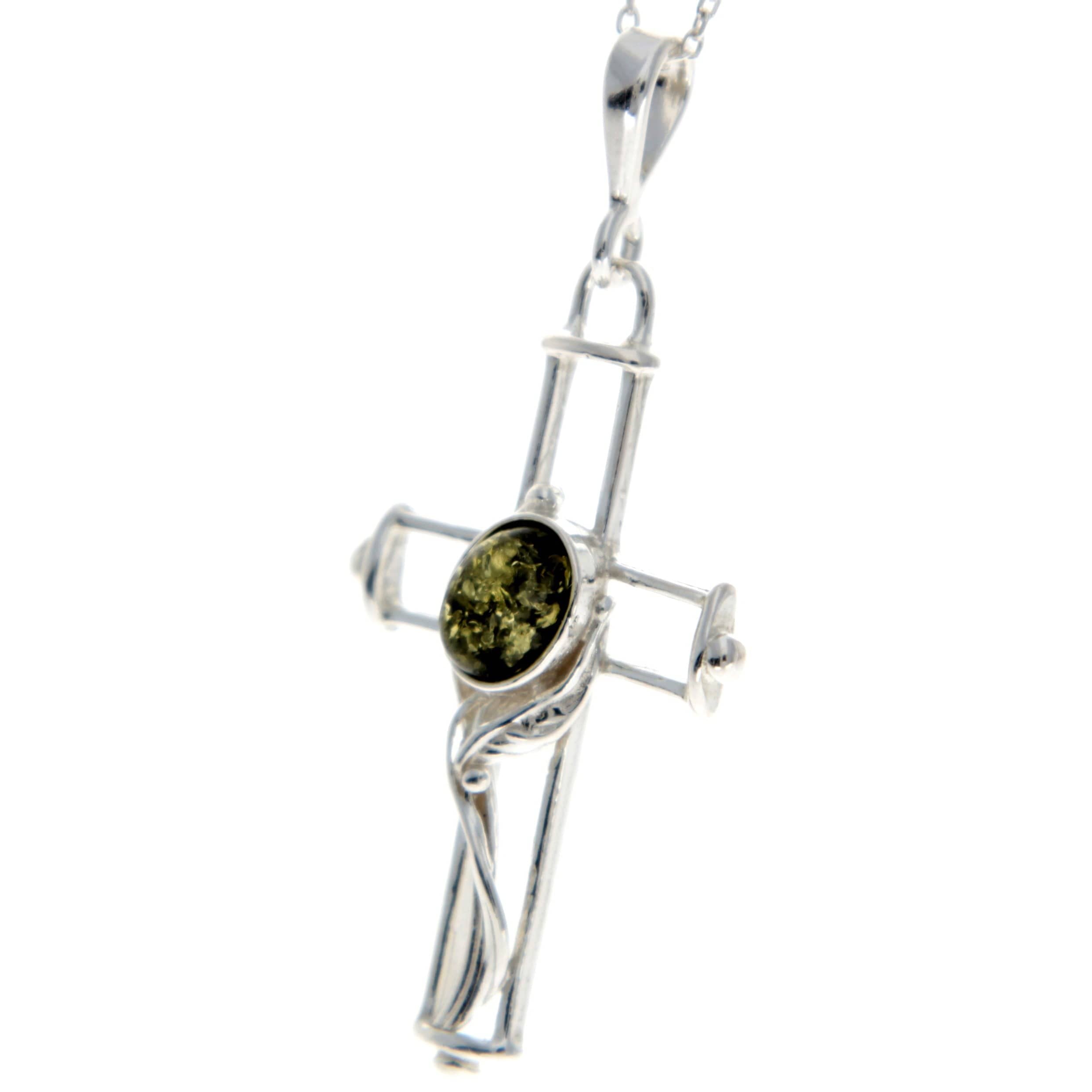 925 Sterling Silver & Genuine Baltic Amber Cross Pendant - M330