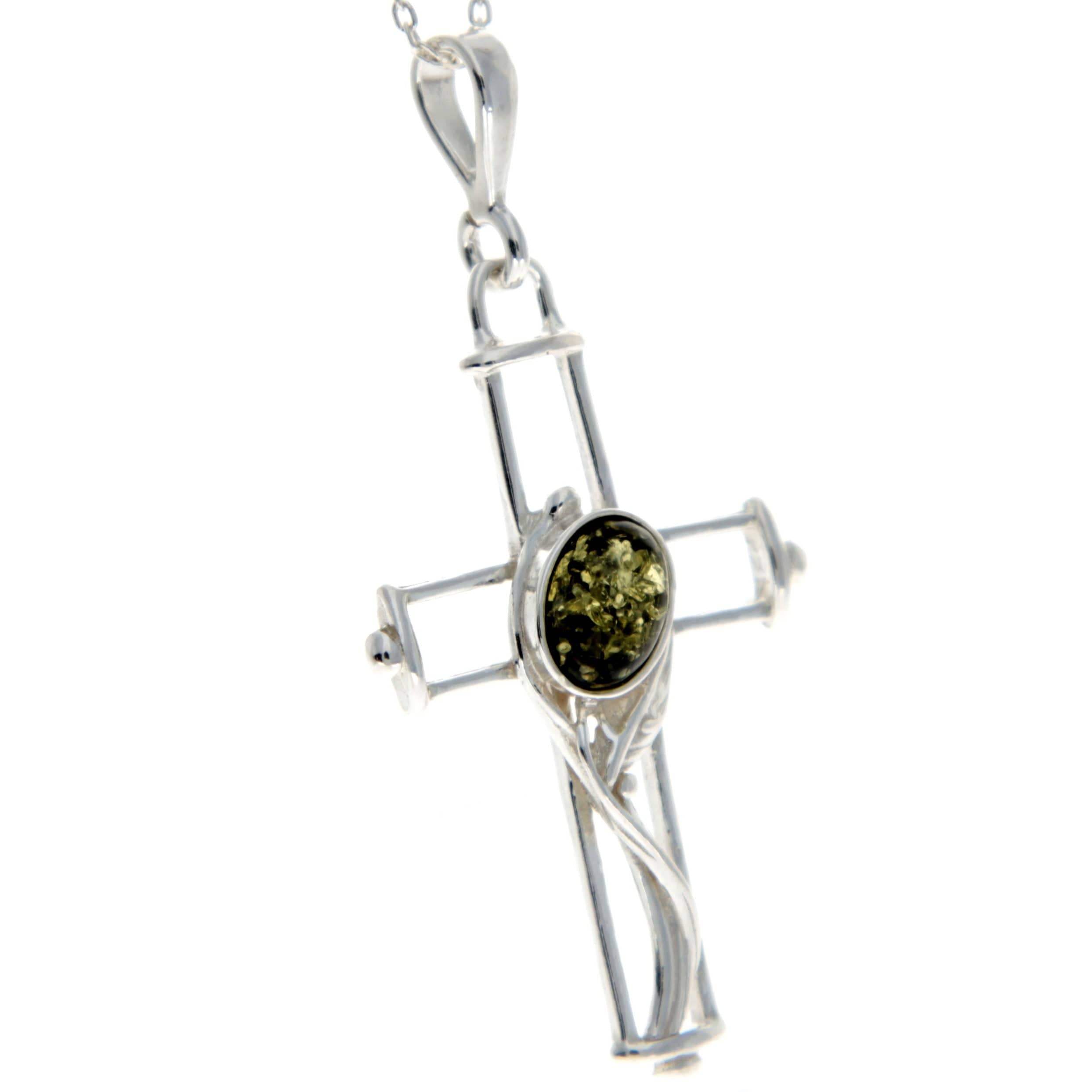 925 Sterling Silver & Genuine Baltic Amber Cross Pendant - M330