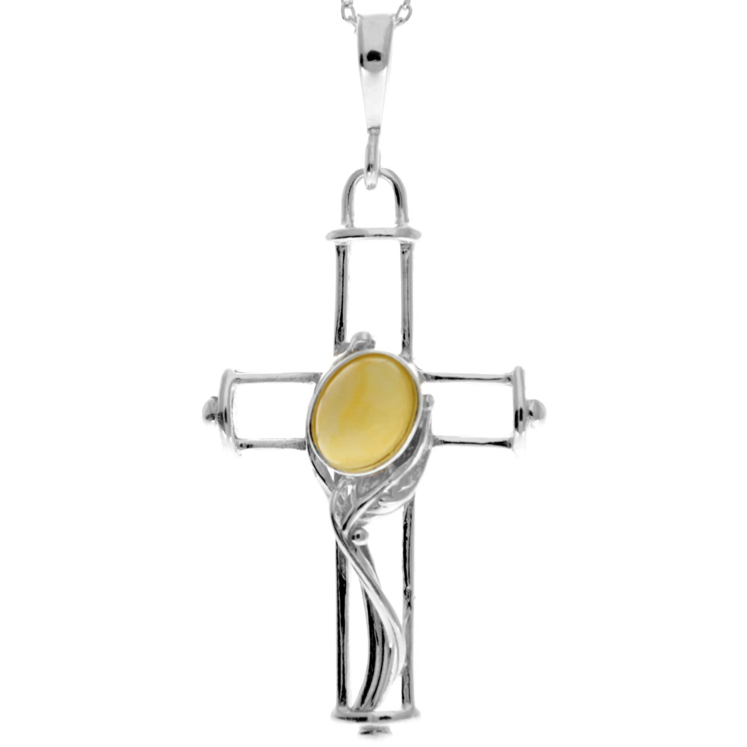 925 Sterling Silver & Genuine Baltic Amber Cross Pendant - M330