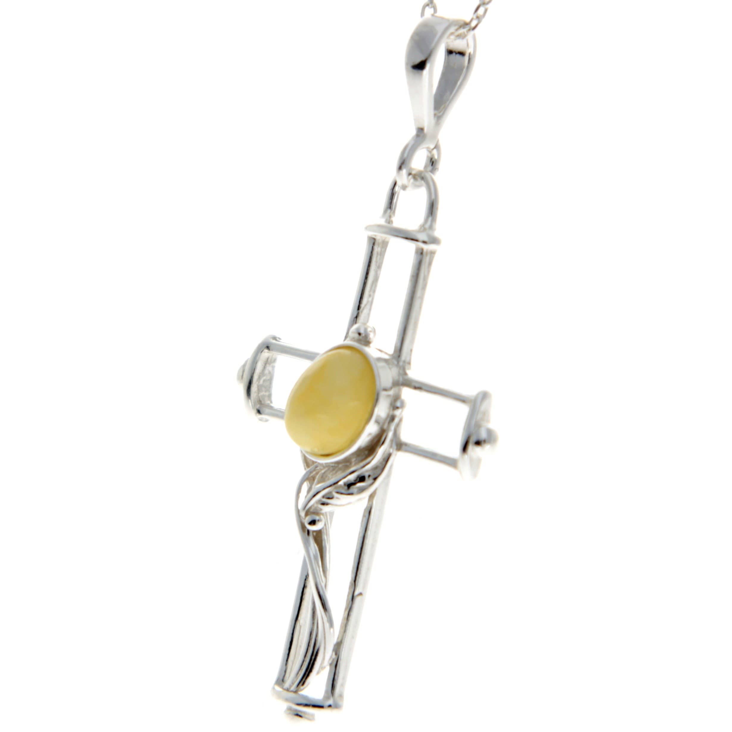 925 Sterling Silver & Genuine Baltic Amber Cross Pendant - M330