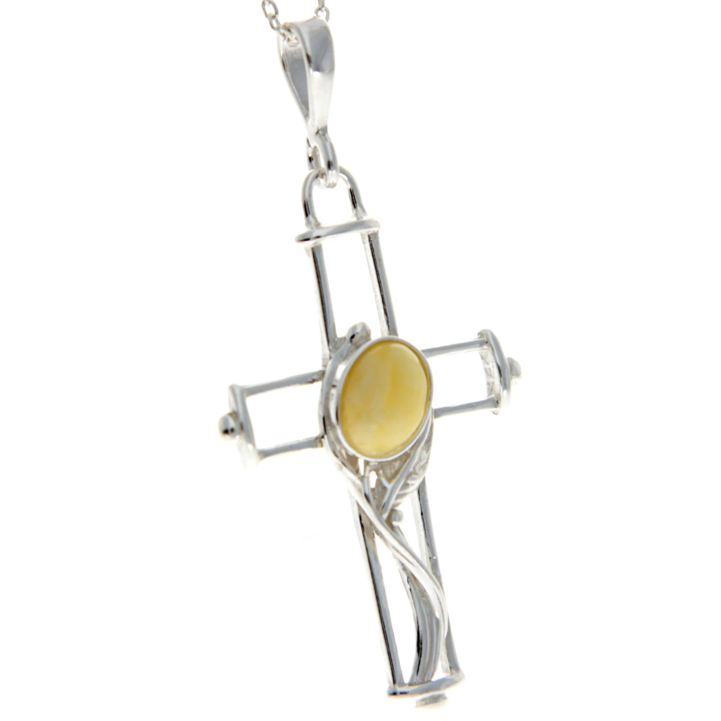 925 Sterling Silver & Genuine Baltic Amber Cross Pendant - M330