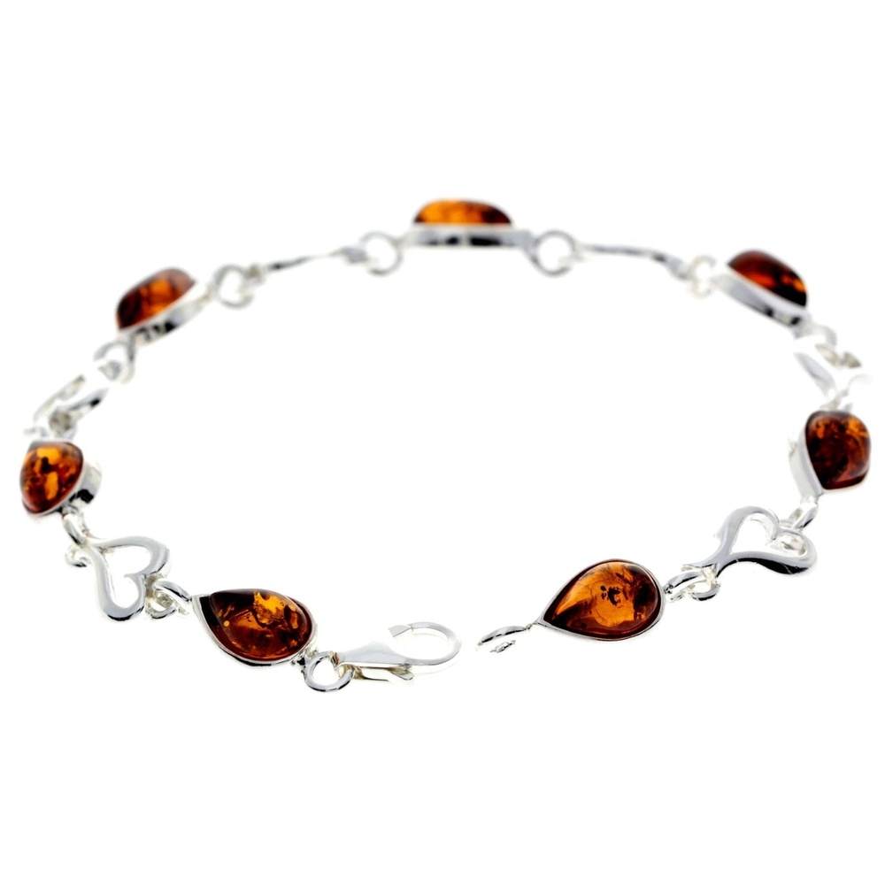 925 Sterling Silver & Genuine Baltic Amber Classic Link Hearts Bracelet - M519