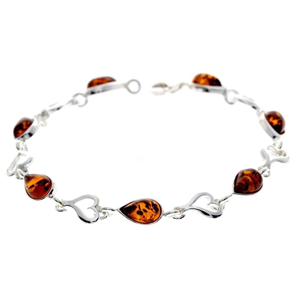 925 Sterling Silver & Genuine Baltic Amber Classic Link Hearts Bracelet - M519