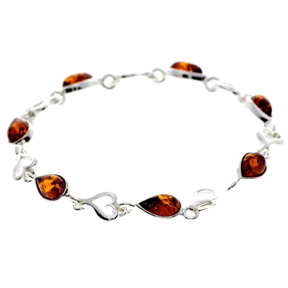925 Sterling Silver & Genuine Baltic Amber Classic Link Hearts Bracelet - M519
