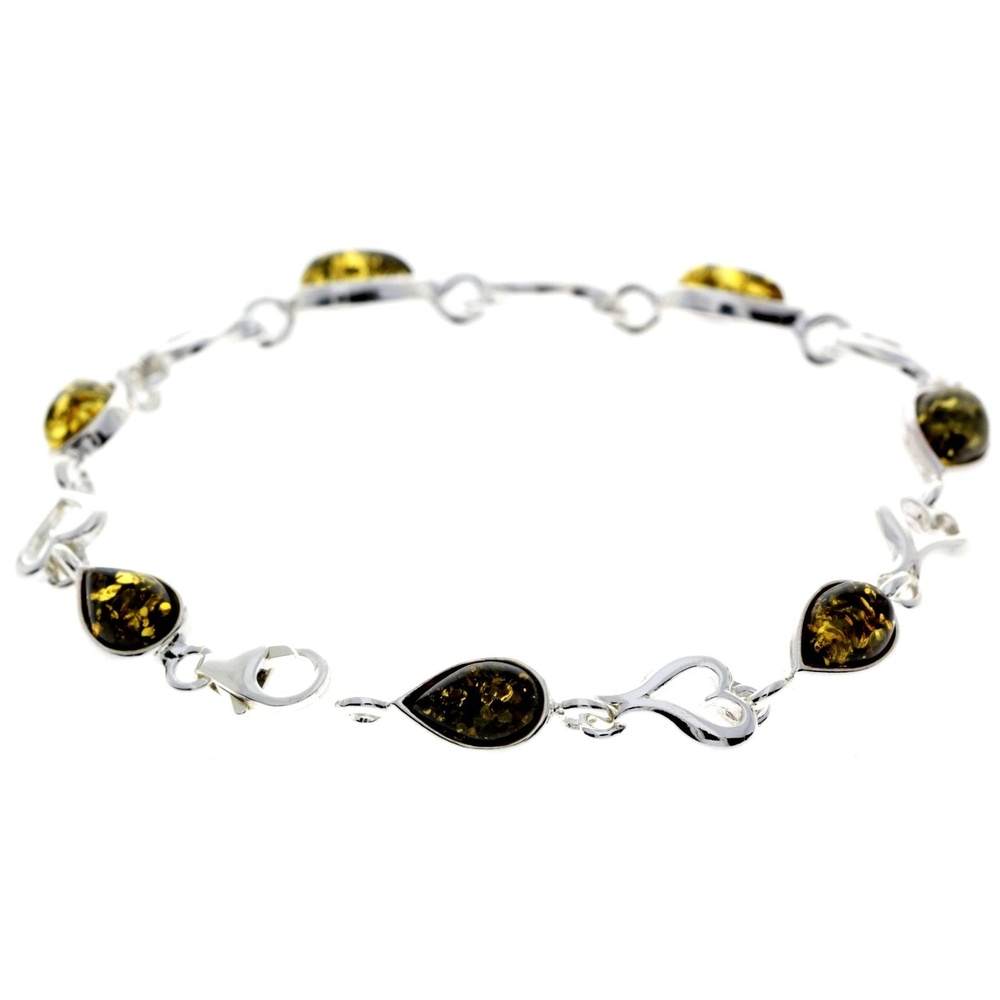 925 Sterling Silver & Genuine Baltic Amber Classic Link Hearts Bracelet - M519