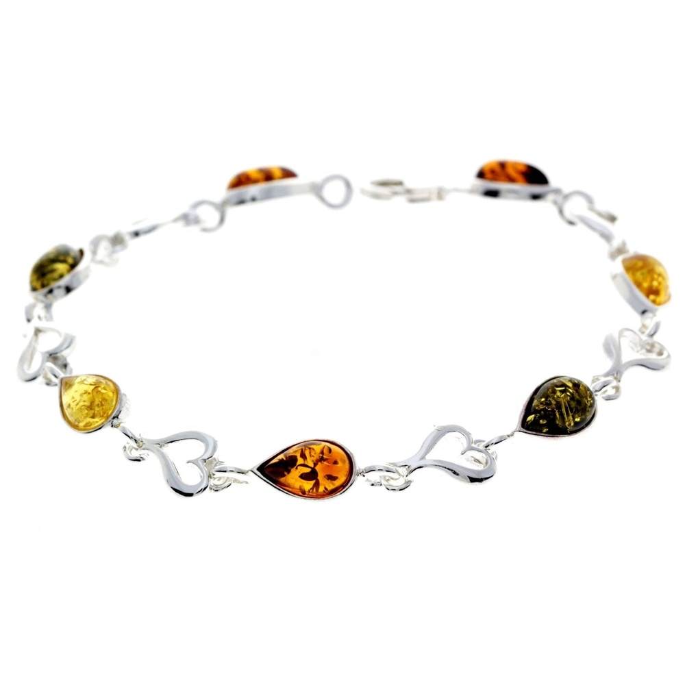925 Sterling Silver & Genuine Baltic Amber Classic Link Hearts Bracelet - M519