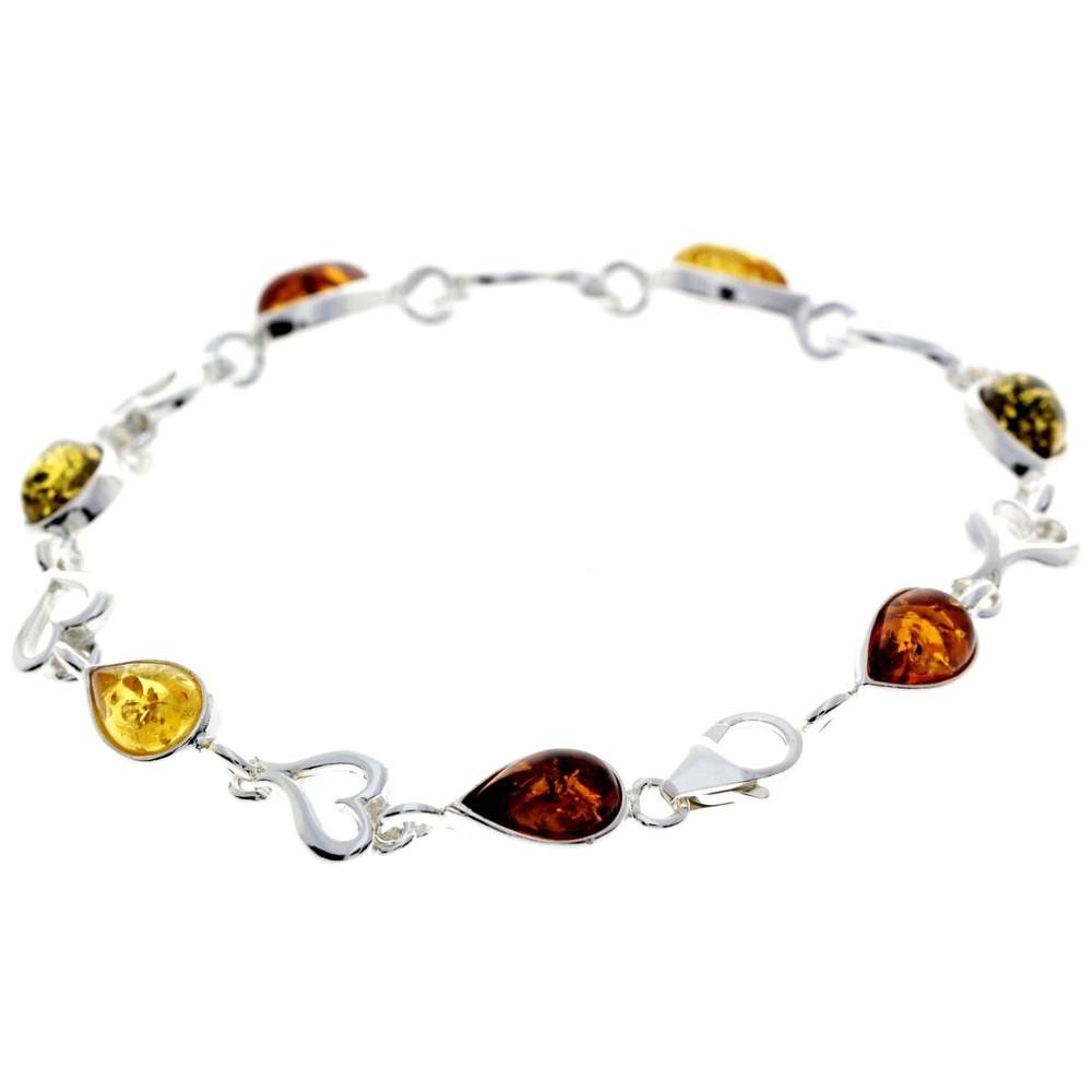 925 Sterling Silver & Genuine Baltic Amber Classic Link Hearts Bracelet - M519