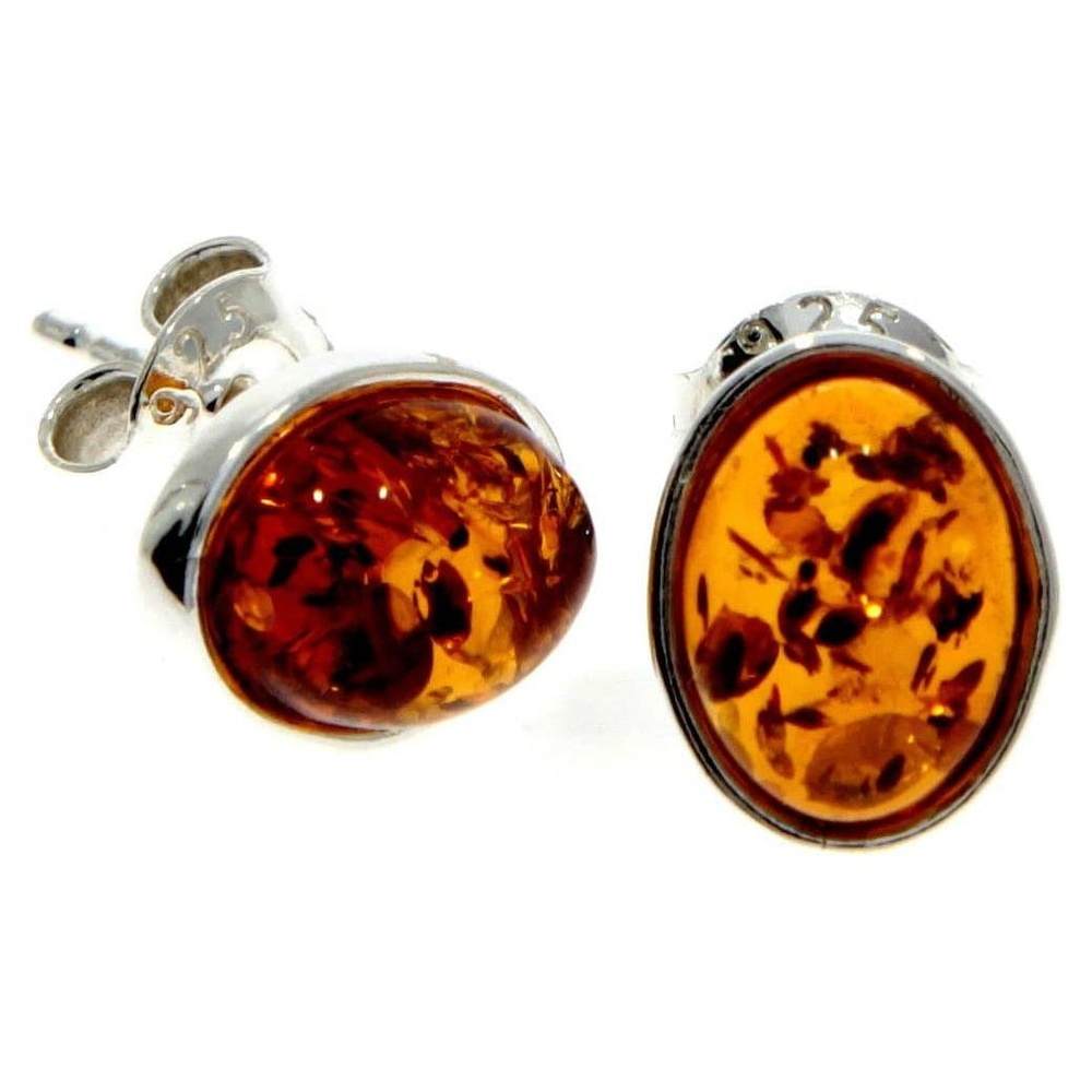 Designer Silver & Amber Stud Earrings in Cognac - SilverAmberJewellery