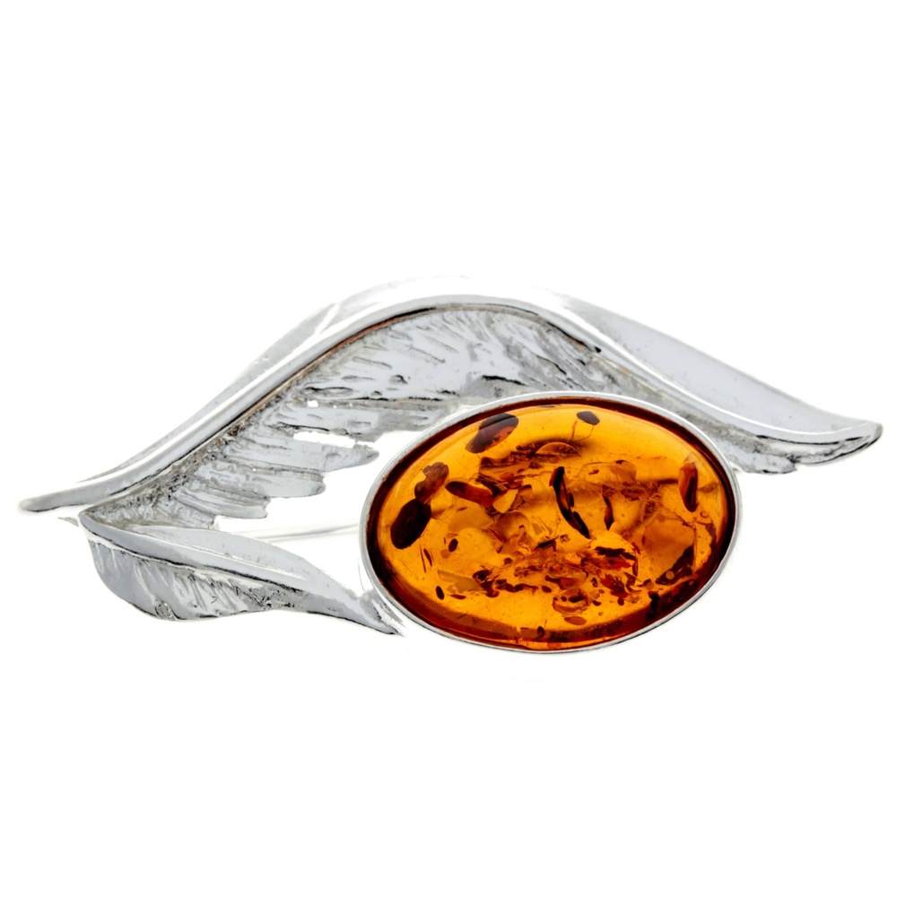 925 Sterling Silver & Genuine Baltic Amber Angels Wing Brooch - M816
