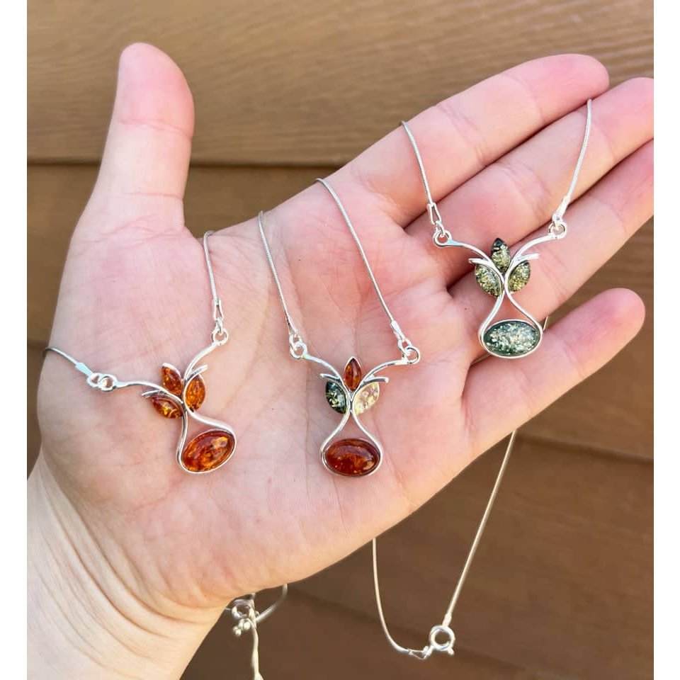 925 Sterling Silver & Genuine Baltic Amber Multi Stones Modern Necklace - M913