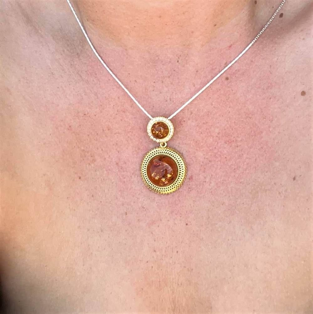 925 Sterling Silver 22 Carat Gold Plated with Genuine Baltic Amber Modern Pendant - MG200