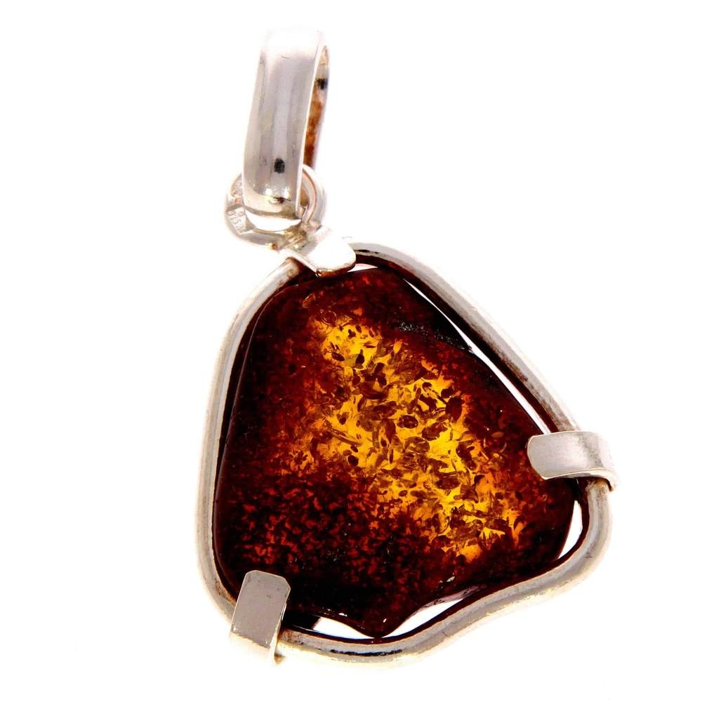 925 Sterling Silver & Genuine Cognac Baltic Amber Exlusive Unique Pendant - PD1983