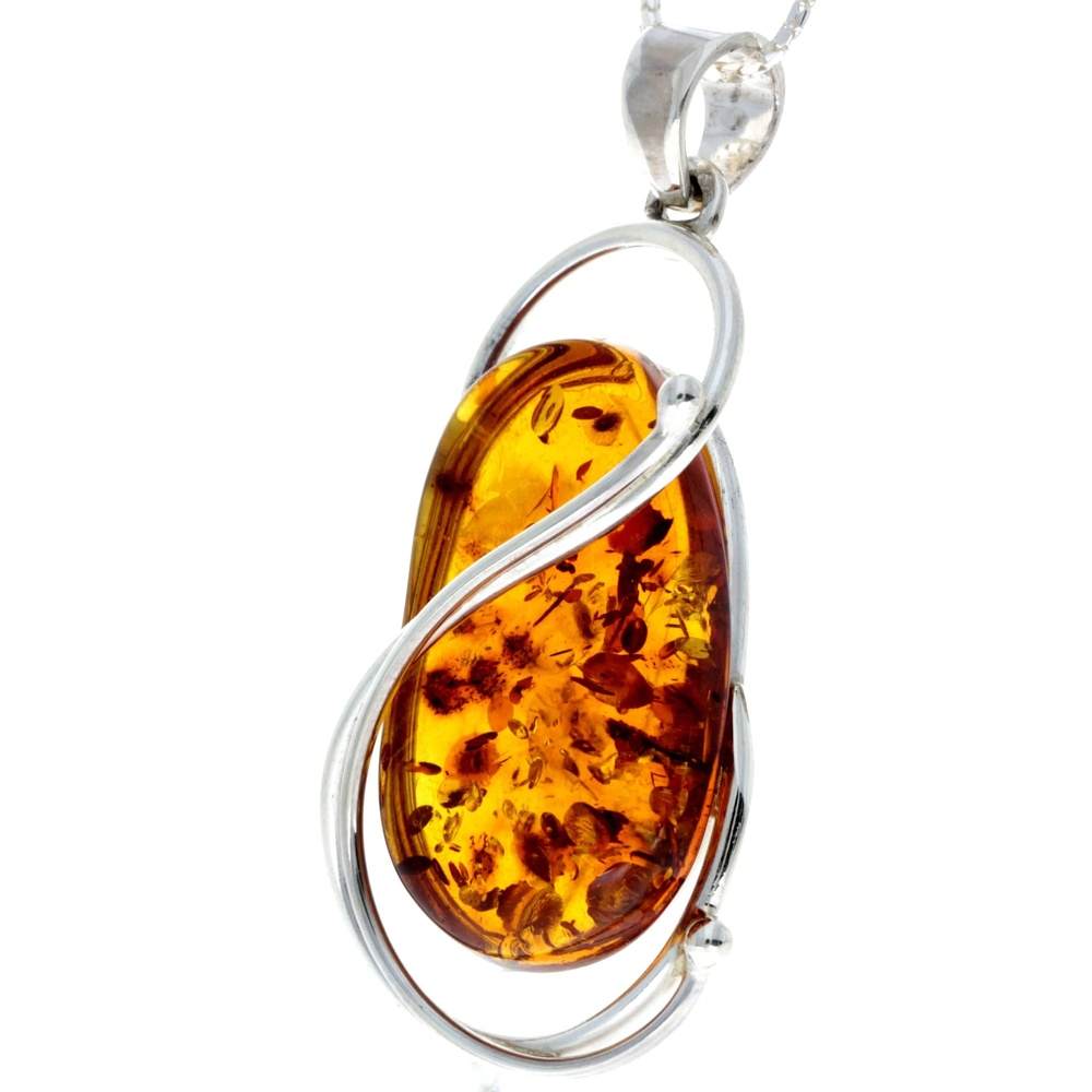 925 Sterling Silver & Genuine Cognac Baltic Amber Exlusive Unique Pendant - PD2160