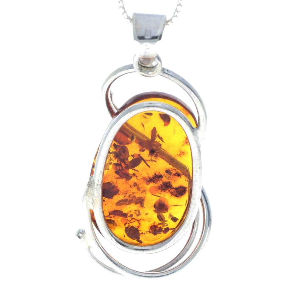 925 Sterling Silver & Genuine Cognac Baltic Amber Exlusive Unique Pendant - PD2160
