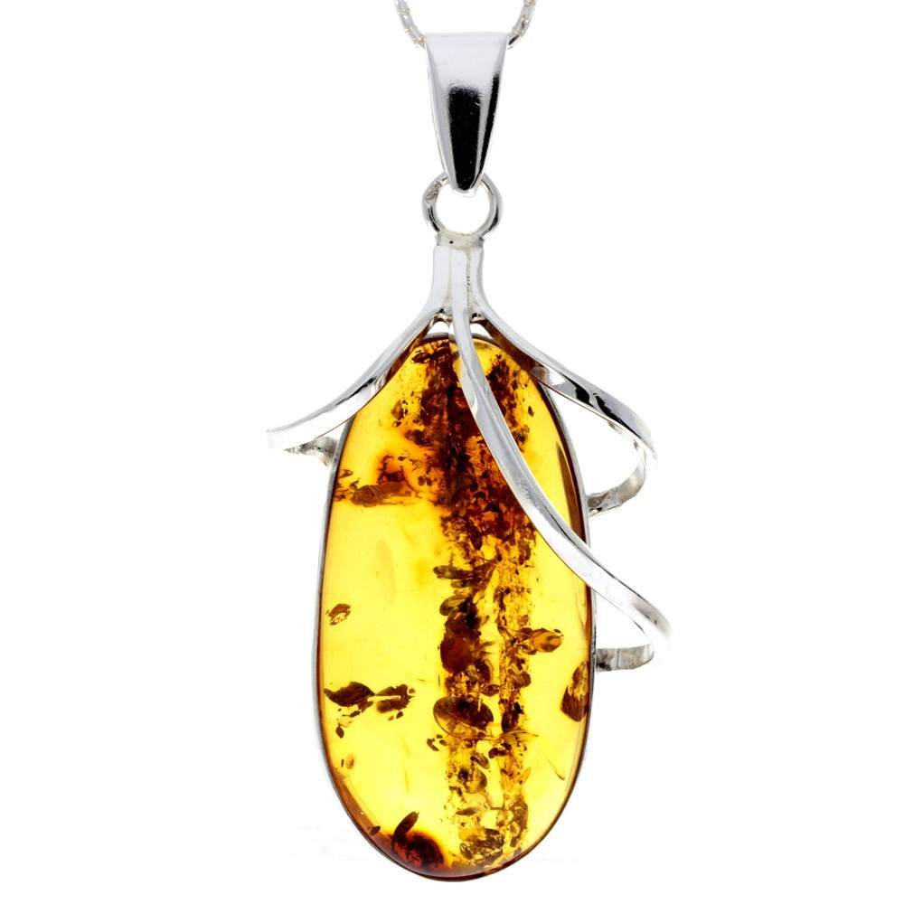 925 Sterling Silver & Genuine Cognac Baltic Amber Exlusive Unique Pendant - PD2163